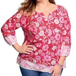 Talbots Floral Paradise Popover Peasant Blouse Tunic Red Pink Lightweight Sz 1X